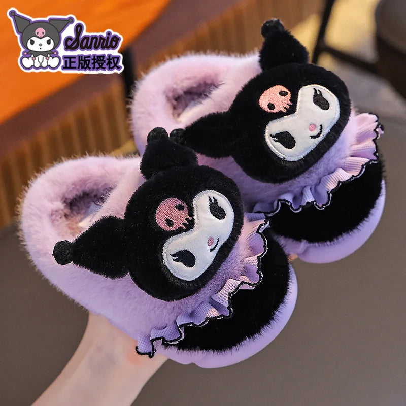 Sanrio Kawaii Girls Plush Slippers Cute Kuromi Hello Kitty My Melody Cartoon Student Winter Home Indoor Anti-Slip Warm Shoes