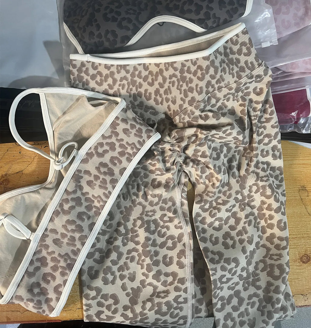 Seamless Leopard Yoga Set Women Sports Bra High Waist Shorts Scrunch Gym Fitness Workout Run Legging Activewear XP269