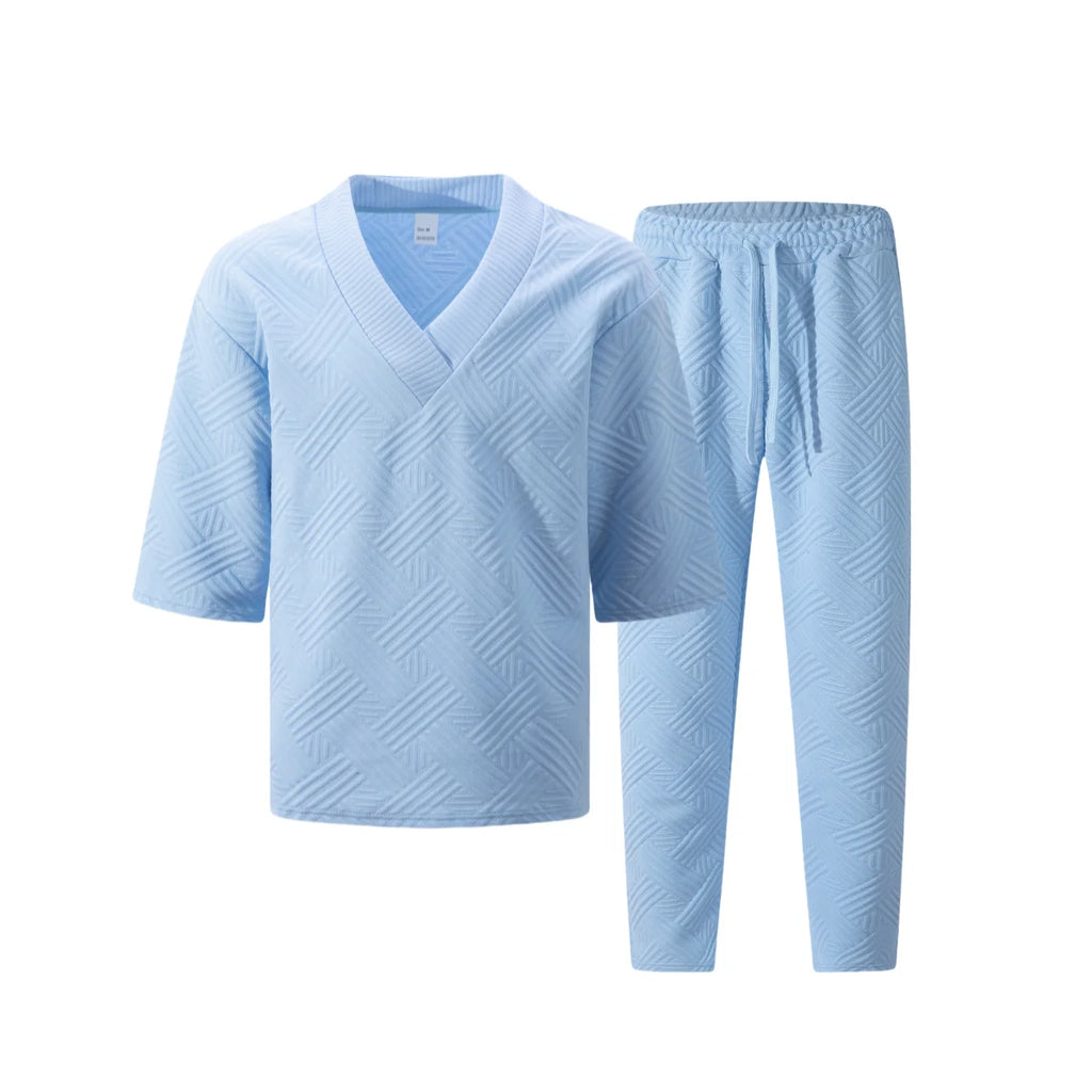 2026 Men's Spring Autumn Geometric Textured 2 Piece Set V-Neck Short Sleeve Top & Drawstring Pants Tracksuit