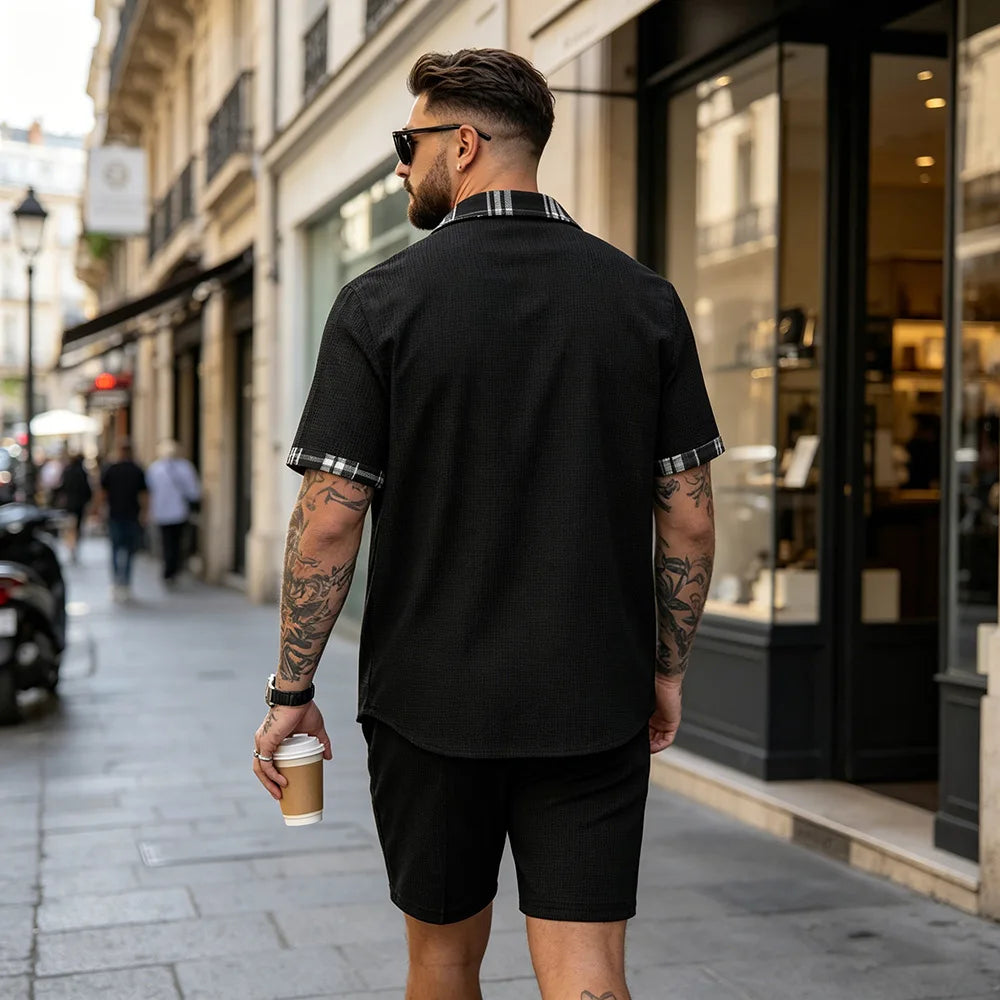 Summer New Waffle Set, Men's Plaid Spliced Short-Sleeve Shirt & Shorts, Casual Two-Piece Outfit F156D