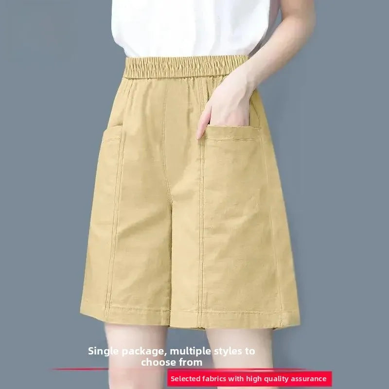 Summer Casual Loose High Waist Slimming Cotton Wide Leg Five-Quarter Length Women's Shorts Versatile Workwear Style Shorts