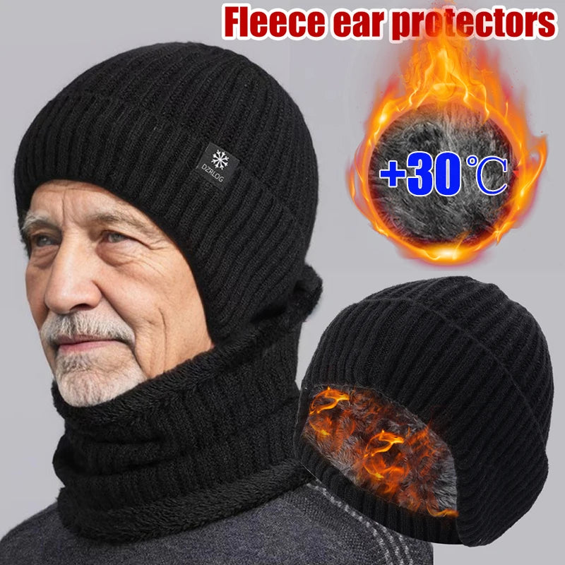 2pcs Winter Cycling Fleece Hats Knitted Plush Warm Outdoor Sports Cap Scarf for Women Men Hat Windproof Ski Ear Protection Gift