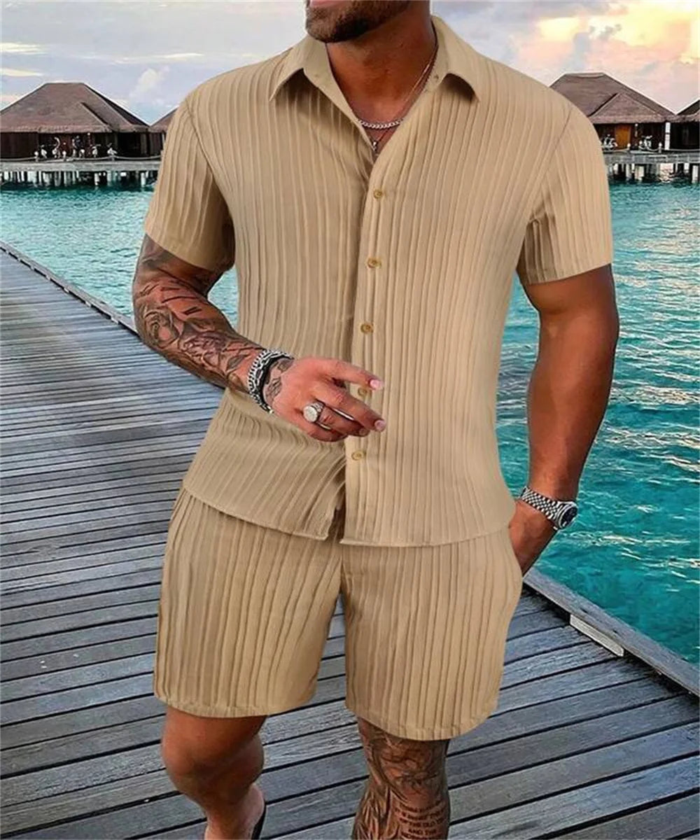 2024 New style Summer Men's Fashion Beach Suit Outdoor Sports Casual Shirt Solid color Loose Short Sleeve Shorts Beach two-piece