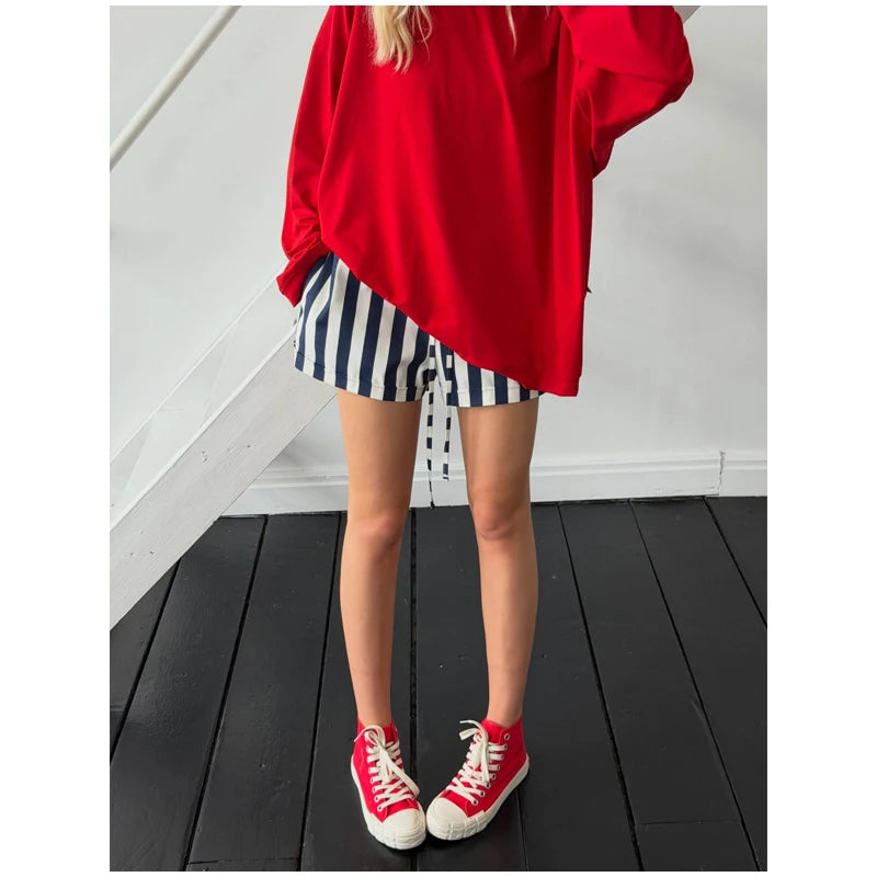 Red White Striped Balloon Pants Women's Elastic Waist Wide Leg Baggy Casual Trouser 2026 Summer New Streetwear Loose Fit Pants