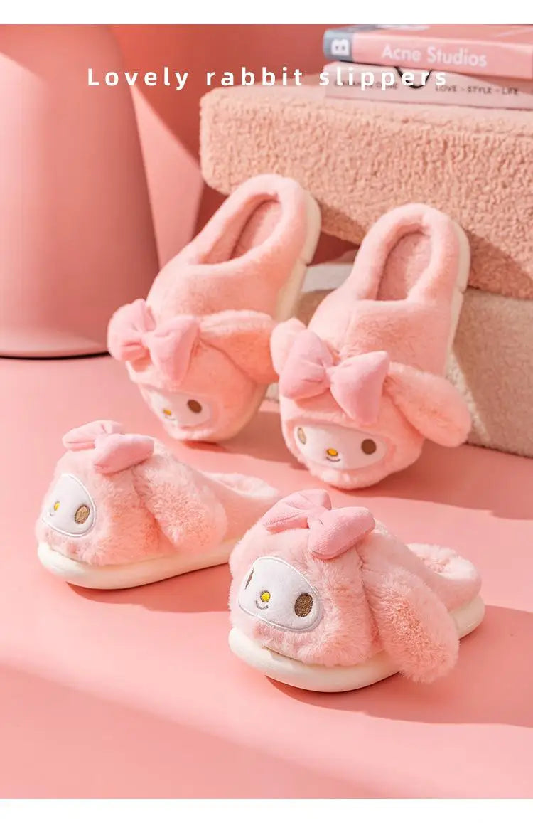 Sanrio Plush Slippers Women My Melody Kawaii Anime Cinnamoroll Cotton Shoes Flat Autumn Winter Keep Warm Non-Slip Cute Girl Gift