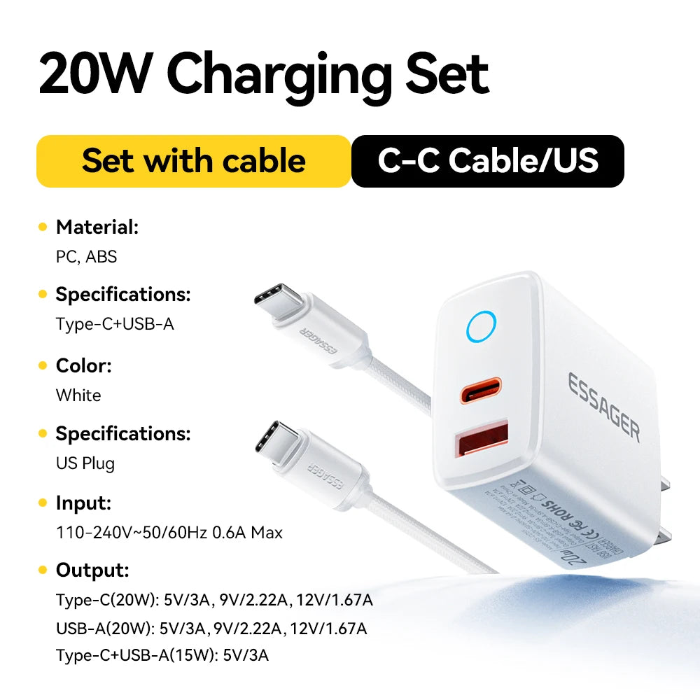 Essager 20W USB Type C Charger 3A PD Quick Charge With Type-C Lighting Micro Cable Fast Charging For iPhone 17 16 Xiaomi Huawei