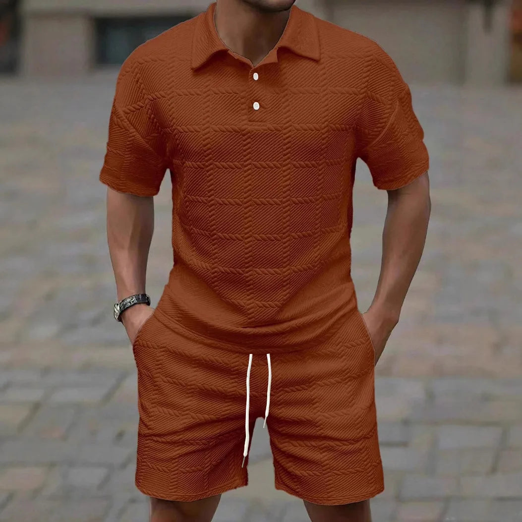 2026Summer Male Casual Two Pieces Suits Vintage Polo Neck Short Sleeve Tops And Shorts Men's Sets Fashion Plaid Textured Outfits