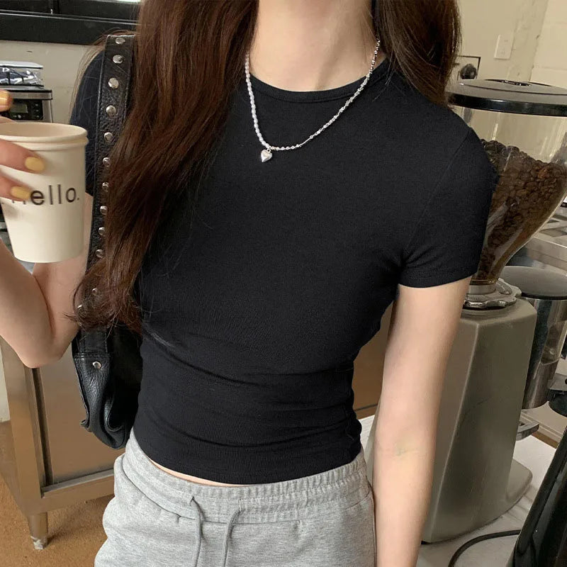 American style spicy girl shoulder T-shirt for women in summer 2025, tight fitting and slimming short top, basic elastic short s