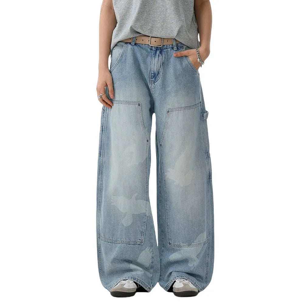 Pigeons Print Carpenter Denim Pant Mens Pocket Retro High Street Washed Distressed Loose Wide Leg ARC 3D JEANS