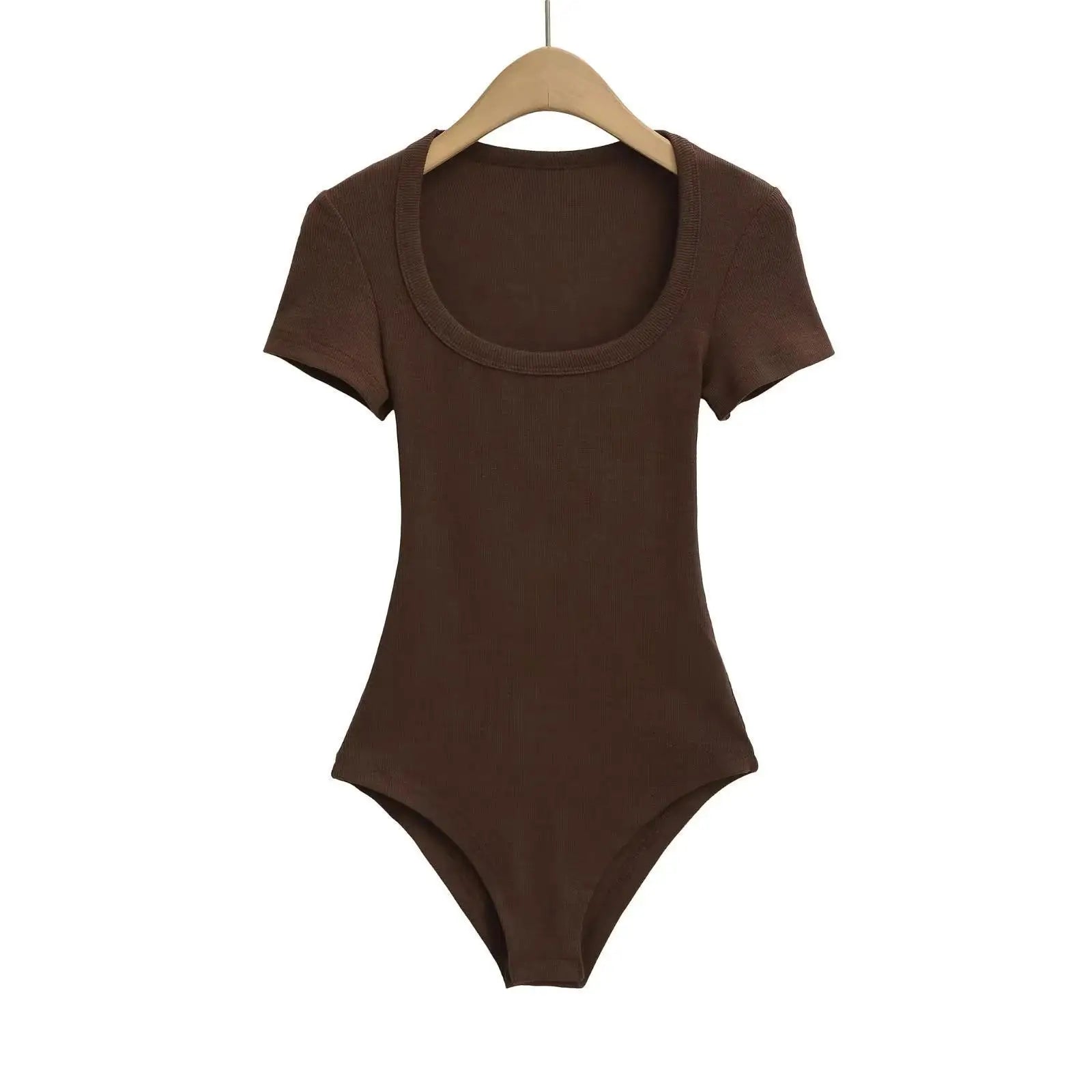 Women Short Sleeve Square Collar Bodysuits Summer Rib Knitted Elastic Slim Top Jumpsuits Solid Color