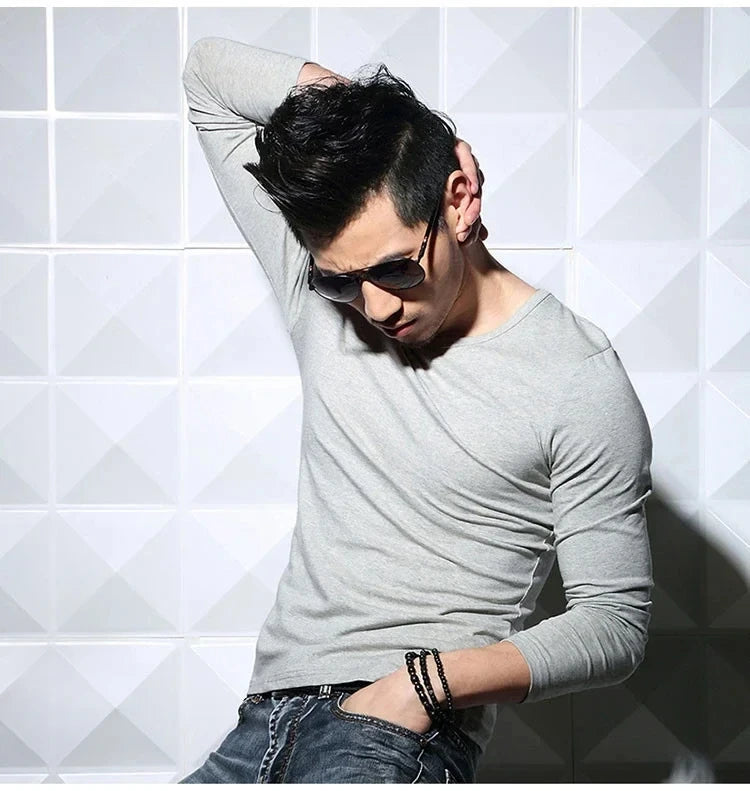 Men's Long Sleeve V Neck T Shirt 2026 MRMT Men T-shirt Slim Solid Tight Man T Shirt Tops Tees Clothing