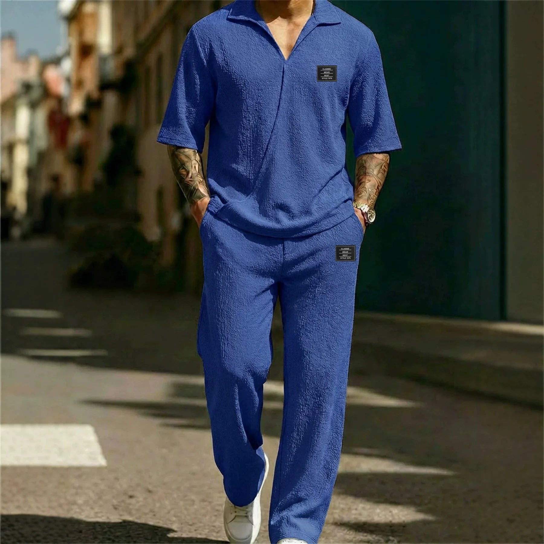 2026 New Style Men's Fashion Casual Shirt Set - High-Quality Solid Color V-Neck Short Sleeve Pants Two-Piece Set