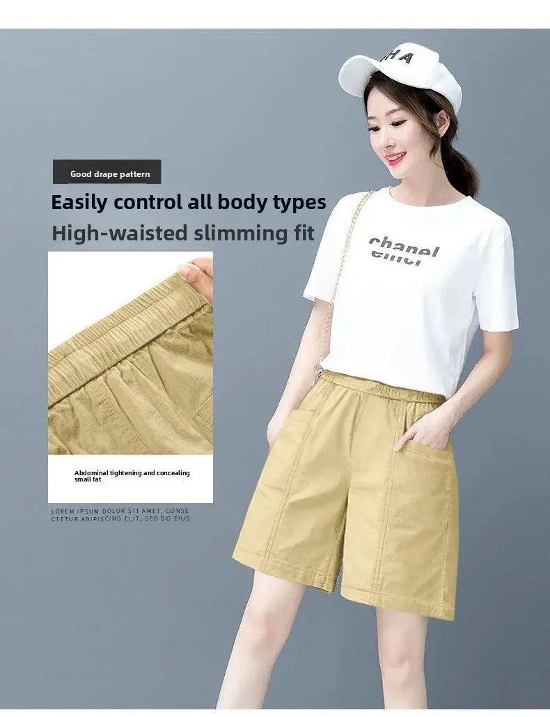 Summer Casual Loose High Waist Slimming Cotton Wide Leg Five-Quarter Length Women's Shorts Versatile Workwear Style Shorts