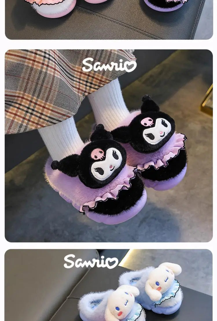Sanrio Kawaii Girls Plush Slippers Cute Kuromi Hello Kitty My Melody Cartoon Student Winter Home Indoor Anti-Slip Warm Shoes