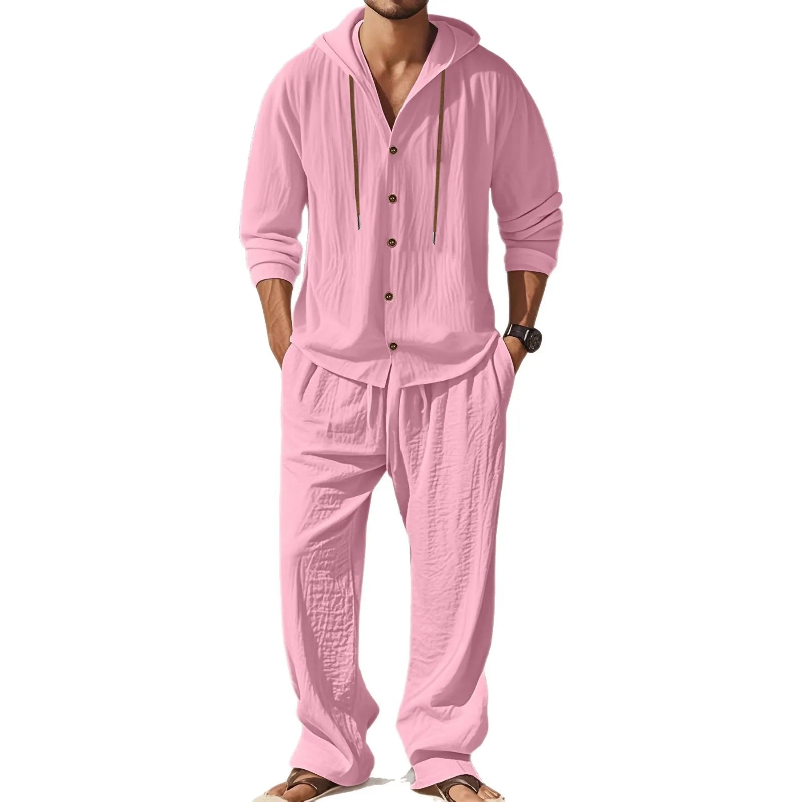 Men's Linen Long-Sleeved Shirt And Pants Set Breathable Outdoor Leisure Hiking Beach Sports Clothing for Spring Summer Autumn