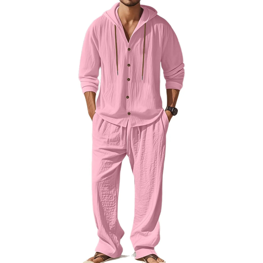 Men's Linen Long-Sleeved Shirt And Pants Set Breathable Outdoor Leisure Hiking Beach Sports Clothing for Spring Summer Autumn