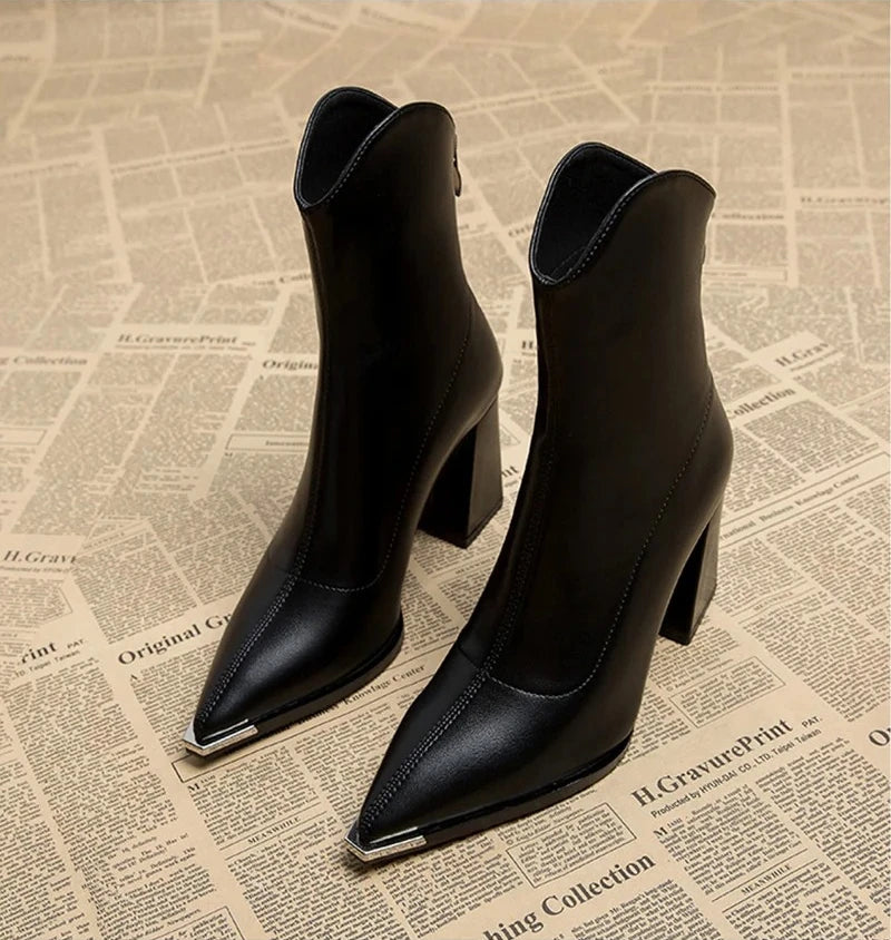 Pointed Toe Women's Ankle Boots Fashion Back Zippers Short Botas Ladies Elegant Square High Heel Winter Women's Footwear