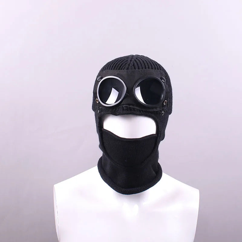 1 Pcs Trendy Autumn Winter Warm Caps Aviator Glasses Men Women Ear Protection Windproof Cycling Full Face Cover Warm Knitted Hat