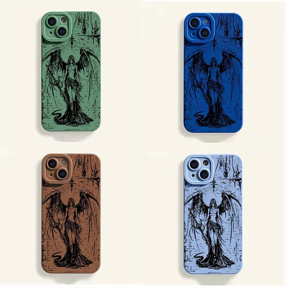 Super Cool Luxury Black Angel Death demon Phone Case For iPhone 16 15 14 13 12 11 Pro Max XS MAX XR 7 8 PLUS Y2K Silicone Cover