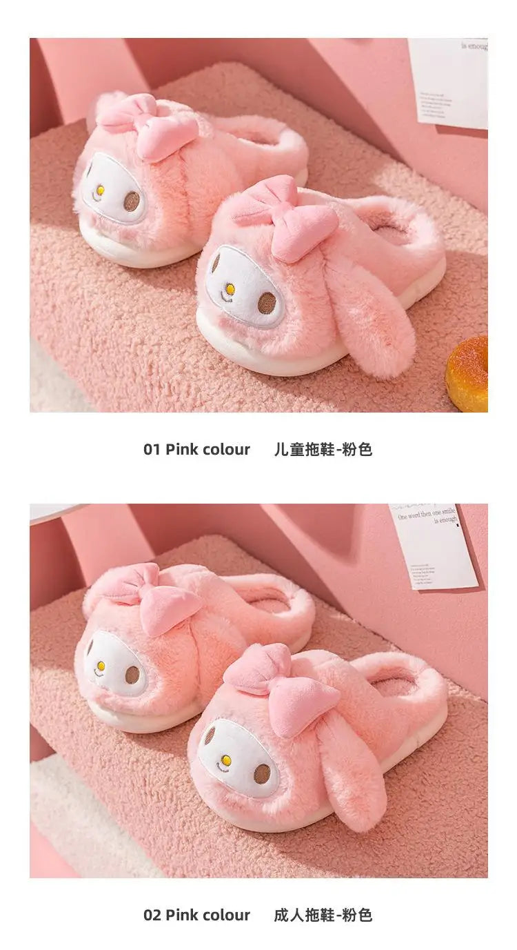 Sanrio Plush Slippers Women My Melody Kawaii Anime Cinnamoroll Cotton Shoes Flat Autumn Winter Keep Warm Non-Slip Cute Girl Gift