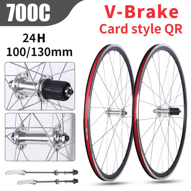 Road Bicycles Wheel Set 700C V Brake Bearing Card QR Hubs 100X130mm 24H Double Layer Aluminum Alloy 30mm Rim 7/10S Bike Wheels