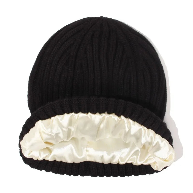 Winter Satin Lined Beanie Hats Women Men Unisex Thick Chunky Cap Striped Warm Soft High Quality casual Knitted Beanie Hat