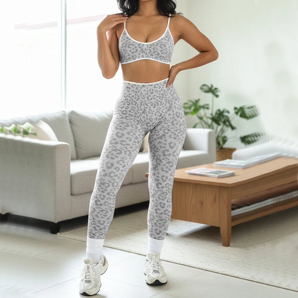 Seamless Leopard Yoga Set Women Sports Bra High Waist Shorts Scrunch Gym Fitness Workout Run Legging Activewear XP269