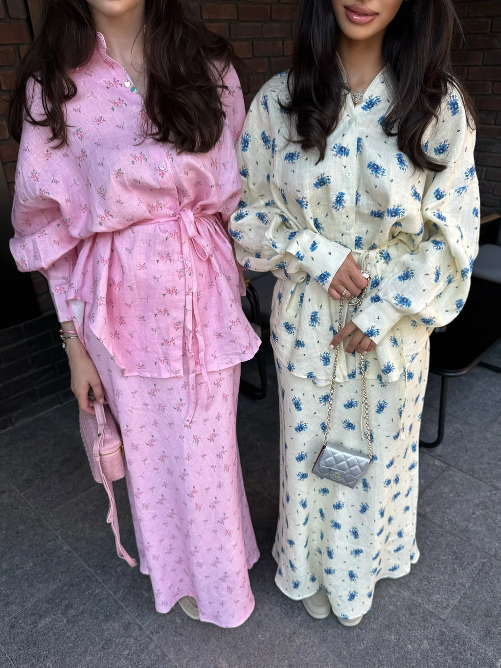 Women Two Piece Sets Skirt Set Floral Print Lantern Sleeve Turn Down Collar Shirt Long Skirts A Line Lace Up Y2k Elegant Work