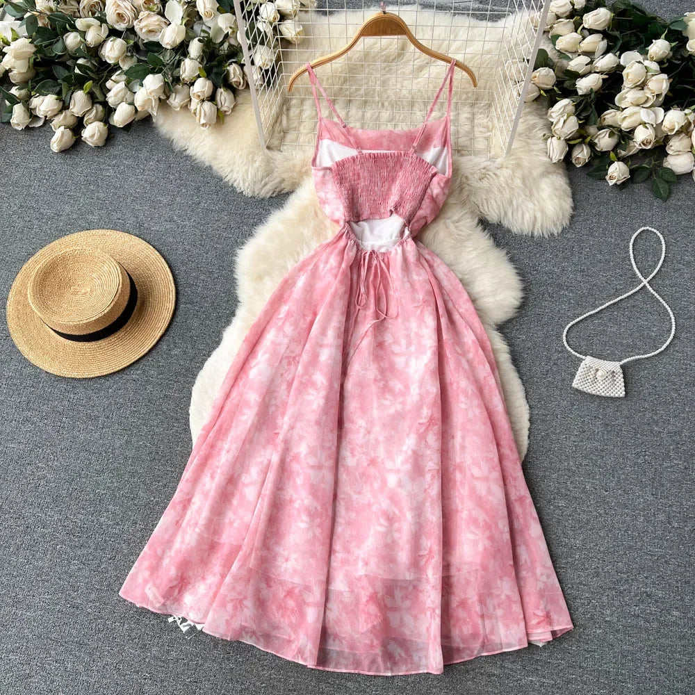 SINGREINY Women Floral Spaghetti Strap Dress Elastic Ruched Sexy Hollow Backless Party Dress Summer Boho Vacation Beach Sundress