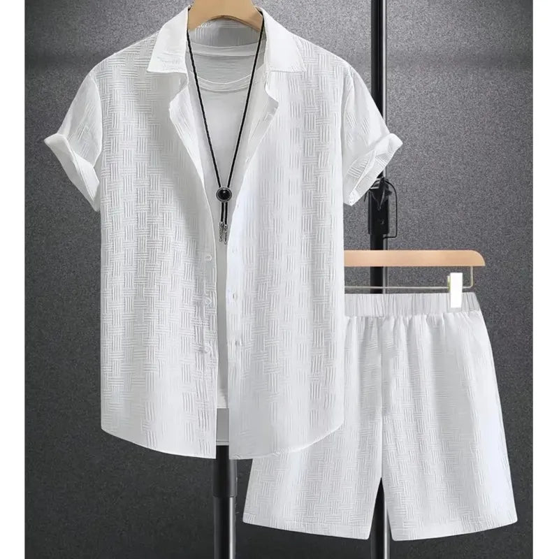 Summer Solid color Cotton linen Men's Shirt Set Fashion lapel Jacquard Short-sleeved Shirt Shorts 2 Piece Set Men's Shorts Suit