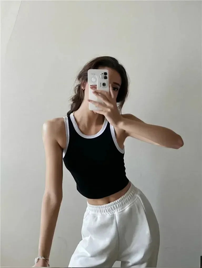 Spring Summer Color Block Sleeveless Vest Outerwear Pure Color Strap Innerwear Sports Top Base Shirt Beautiful Wrap Chest Women