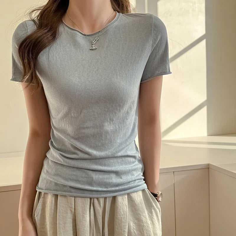 Solid Color Slim Fit Short Sleeve T Shirt for Women Summer New Cotton Blended Basic Tees Woman Thin Breathable Crew Neck T-shirt