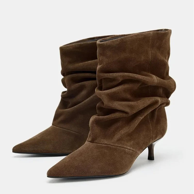 Aneikeh Winter Wrinkle Pointed Toe Ankle Boots Women Pleated Short Boots Female Retro Elegant Designer Femmes Botas De Mujer