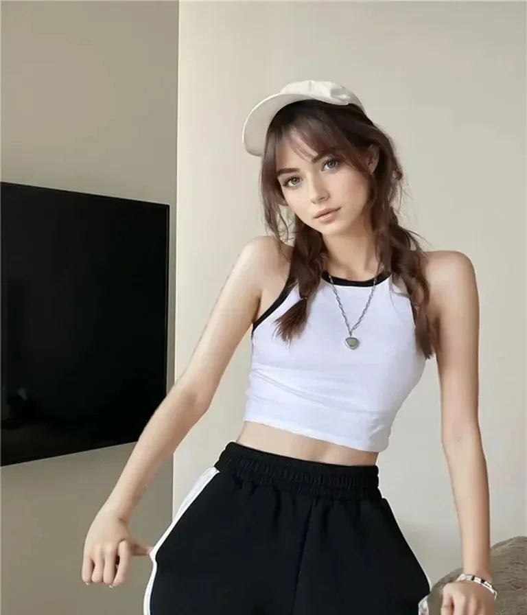 Spring Summer Color Block Sleeveless Vest Outerwear Pure Color Strap Innerwear Sports Top Base Shirt Beautiful Wrap Chest Women