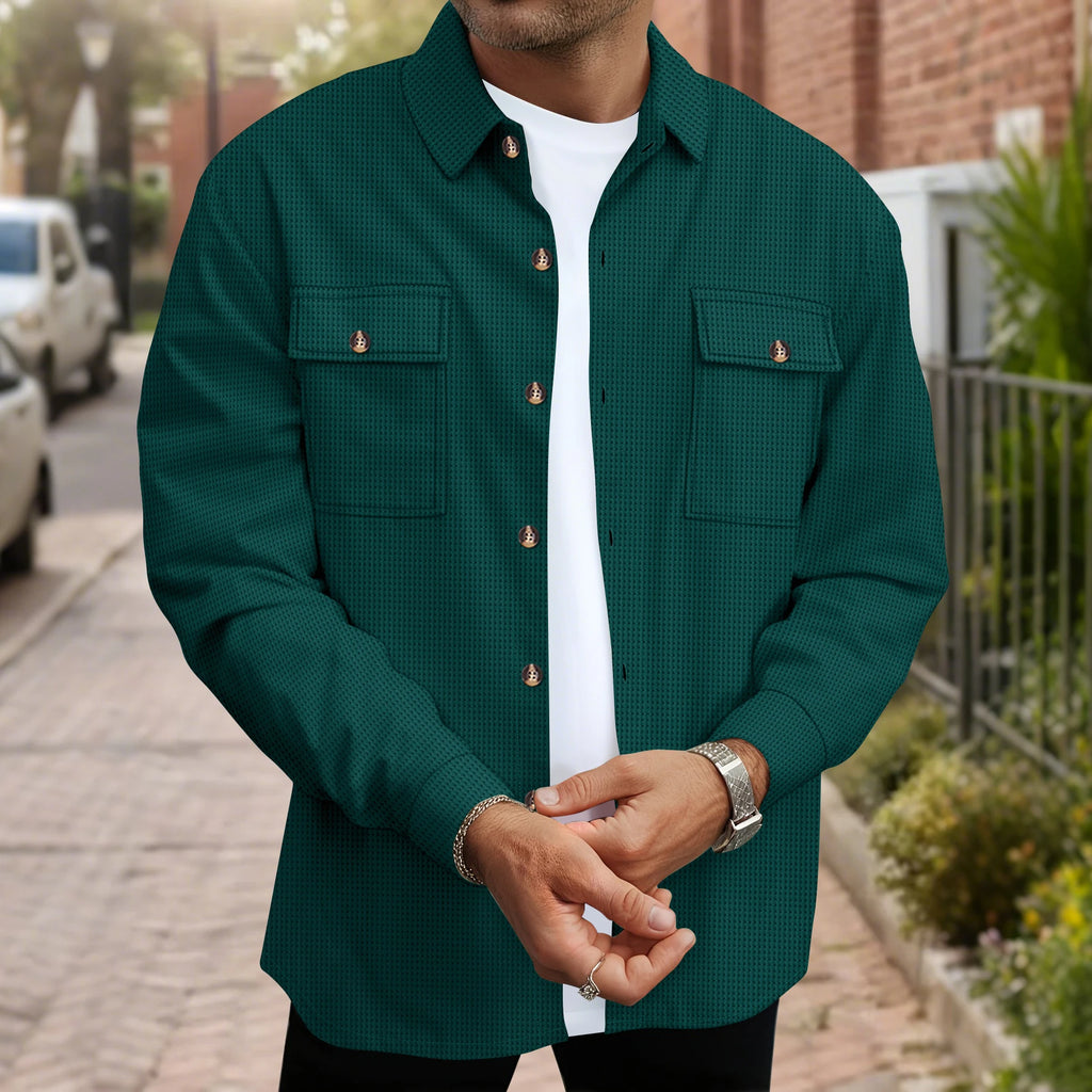 Men's Waffle Knit Button Down Shirt - Casual Long Sleeve Turn Down Collar Chest Pocket Work Shirt