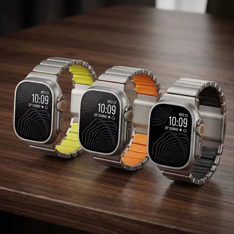 Titanium Metal Band For Apple Watch Ultra 3 11 10 9 8 7 SE 6 Liquid Silicone Magnetic Strap For iWatch 42mm 44mm 45mm 46mm 49mm