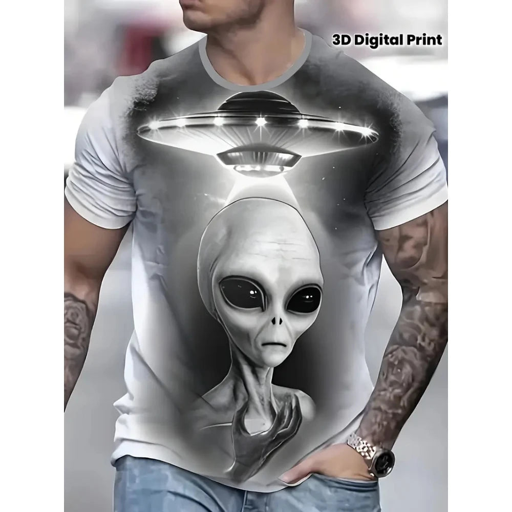 Ufo Spaceship Men's T-Shirt Fashion Printed Men's Short Sleeve Simple Casual Tops Outdoor Breathable Quick Drying Men's Clothing
