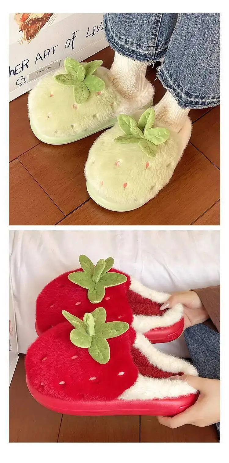 Winter Women's Furry Cotton Home Slippers Cute Strawberry Design Warm Thick Soled Anti Slip Indoor Household Outdoor Wearable