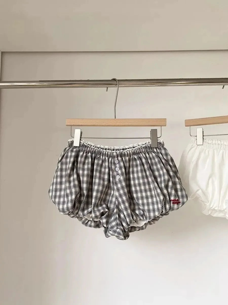 Women's Plaid Bubble Shorts Elastic Waist Bloomer Shorts Casual Short Pants Summer Streetwear шорты женские