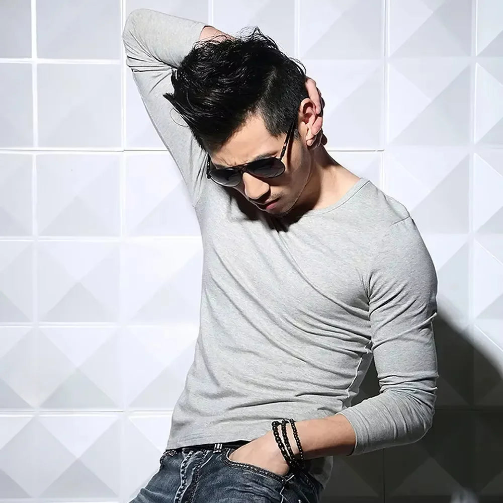 Men's Long Sleeve V Neck T Shirt 2026 MRMT Men T-shirt Slim Solid Tight Man T Shirt Tops Tees Clothing