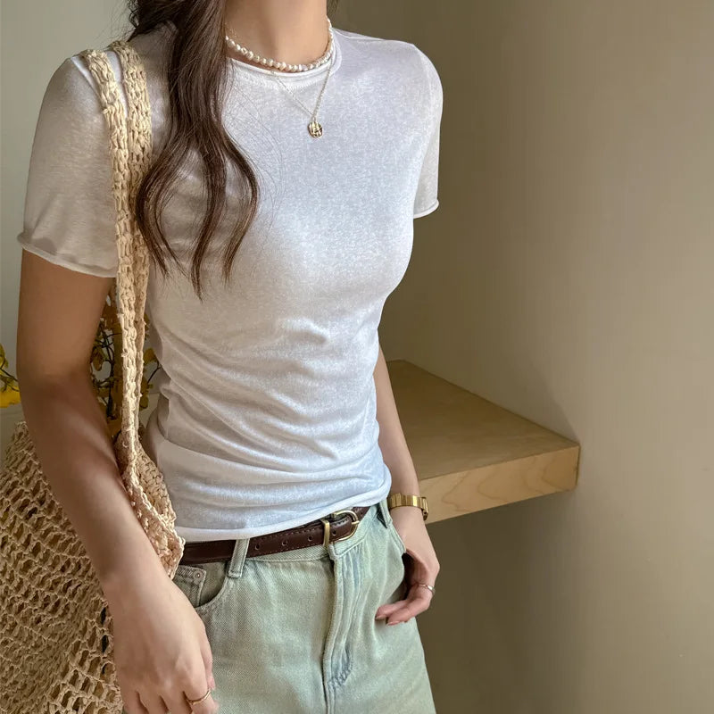 Solid Color Slim Fit Short Sleeve T Shirt for Women Summer New Cotton Blended Basic Tees Woman Thin Breathable Crew Neck T-shirt
