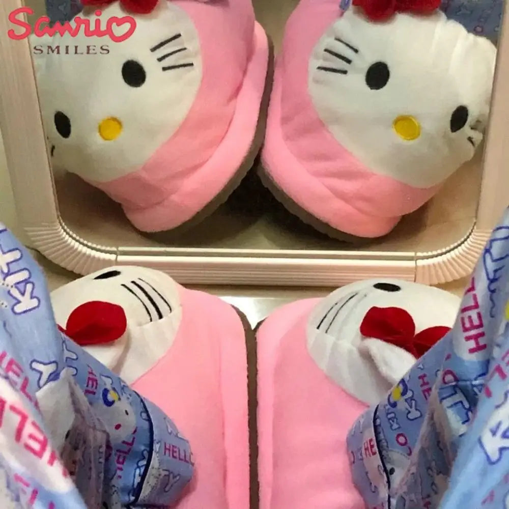 Y2K Hello Kitty Women Plush Cotton Shoes Big Head Slippers Sanrio Kawaii Anime Flat Shoes Winter Warm Thickened Cute Student