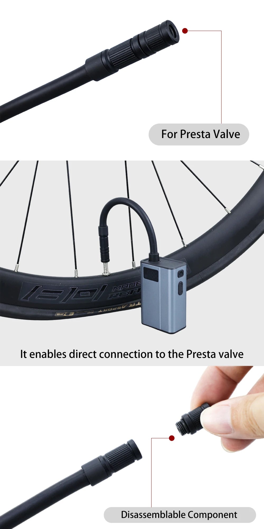4 In 1 Universal Bicycle Air nozzle with extension Hose Clik Presta Schrader Dunlop Valves Bike Motorcycle Pump Portable Connect