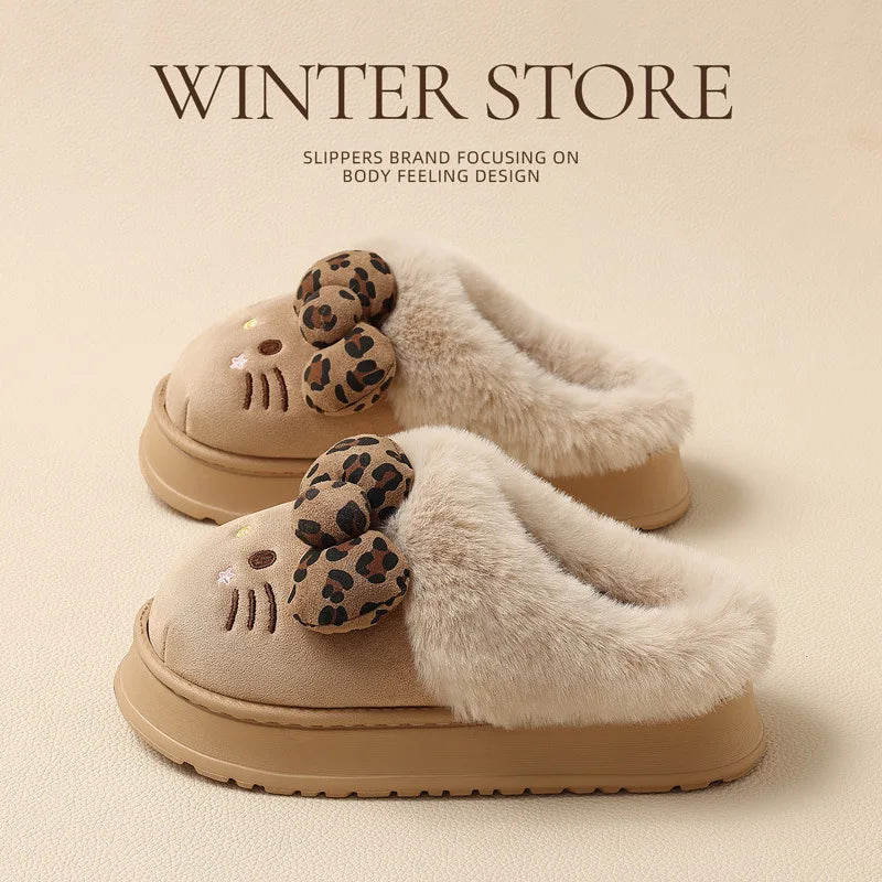 Cartoon Sanrio Hello Kitty Thick Sole Plush Cotton Slippers Anime Women's Winter Warm New Anti-Slip Wear-Resistant Home Shoes