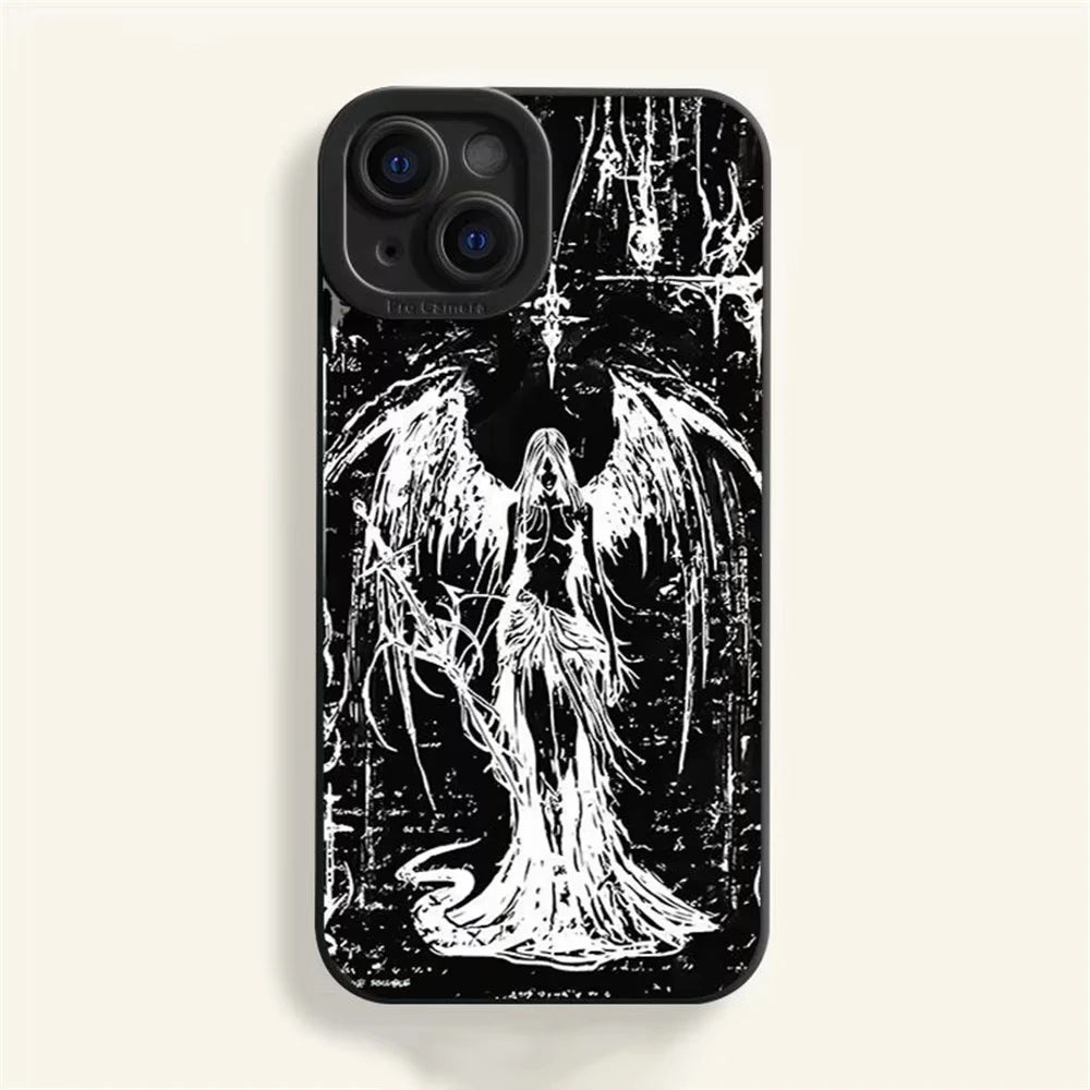 Super Cool Luxury Black Angel Death demon Phone Case For iPhone 16 15 14 13 12 11 Pro Max XS MAX XR 7 8 PLUS Y2K Silicone Cover