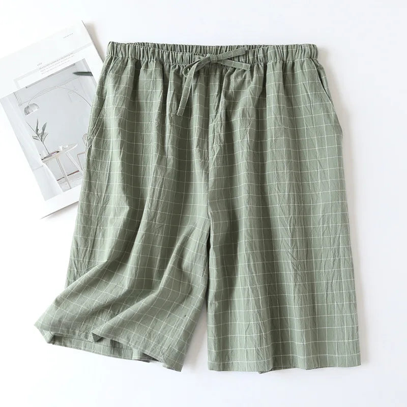 New 2026 Men's Sleepwear Pajama Shorts Plaid Design 100% Cotton Casual Loose Double-layer Homewear Sleep Bottoms Male Home Pants