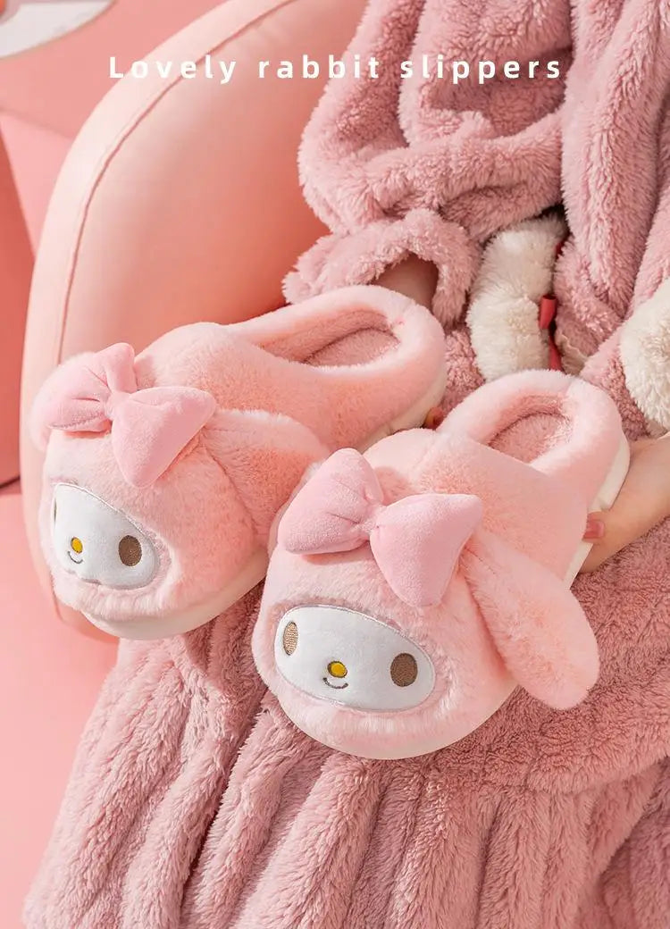 Sanrio Plush Slippers Women My Melody Kawaii Anime Cinnamoroll Cotton Shoes Flat Autumn Winter Keep Warm Non-Slip Cute Girl Gift