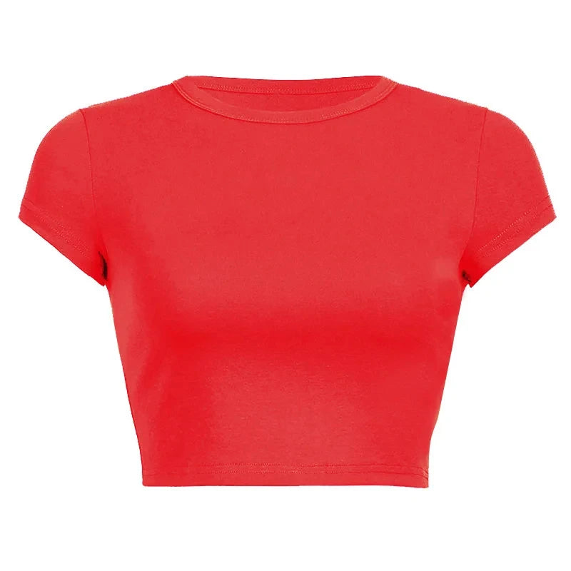 Summer Casual Short Sleeve Basic O Neck Solid Color Cropped Navel Women Crop Tops Soft Bodycon Fashion Tees Blouse