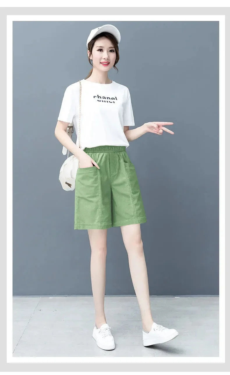 Summer Casual Loose High Waist Slimming Cotton Wide Leg Five-Quarter Length Women's Shorts Versatile Workwear Style Shorts
