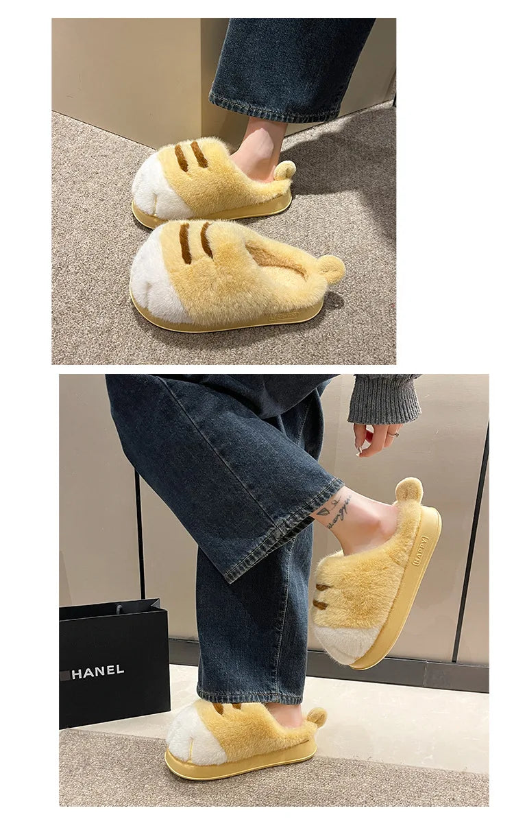 Newest cat paw feet slippers woman fluffy closed heel home shoes for women winter warm slip on animal claw slipper furry loafer